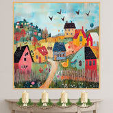 Colorful Folk Art Village Print Featuring Bright Houses Flowers Birds and Rolling Hills Whimsical Hand Painted Landscape for Cozy Wall Decor or Gift Idea on Ready to Hang 1.5" Thick Canvas Wrap, Floating Framed Canvas, Flat Rolled Canvas